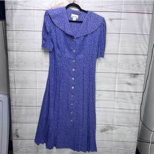 Ellen Ashley Vintage Polka Dot Midi Dress Purple White Sailor Collar Rayon 14